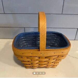 Longaberger Natural Wood Basket with Blue Liner and Sturdy Handle